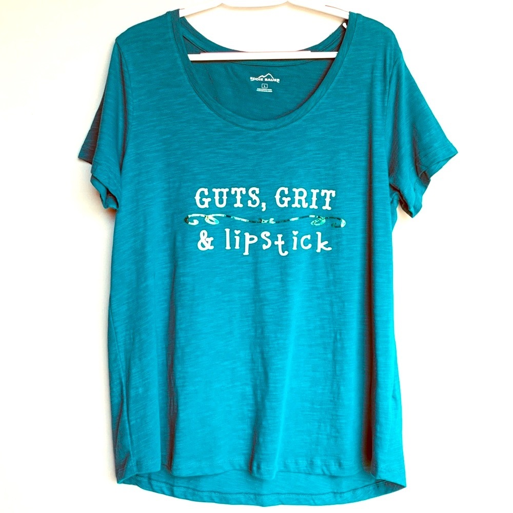 GUTS, GRIT & LIPSTICK teal Eddie Bauer iridescent short sleeve large shirt